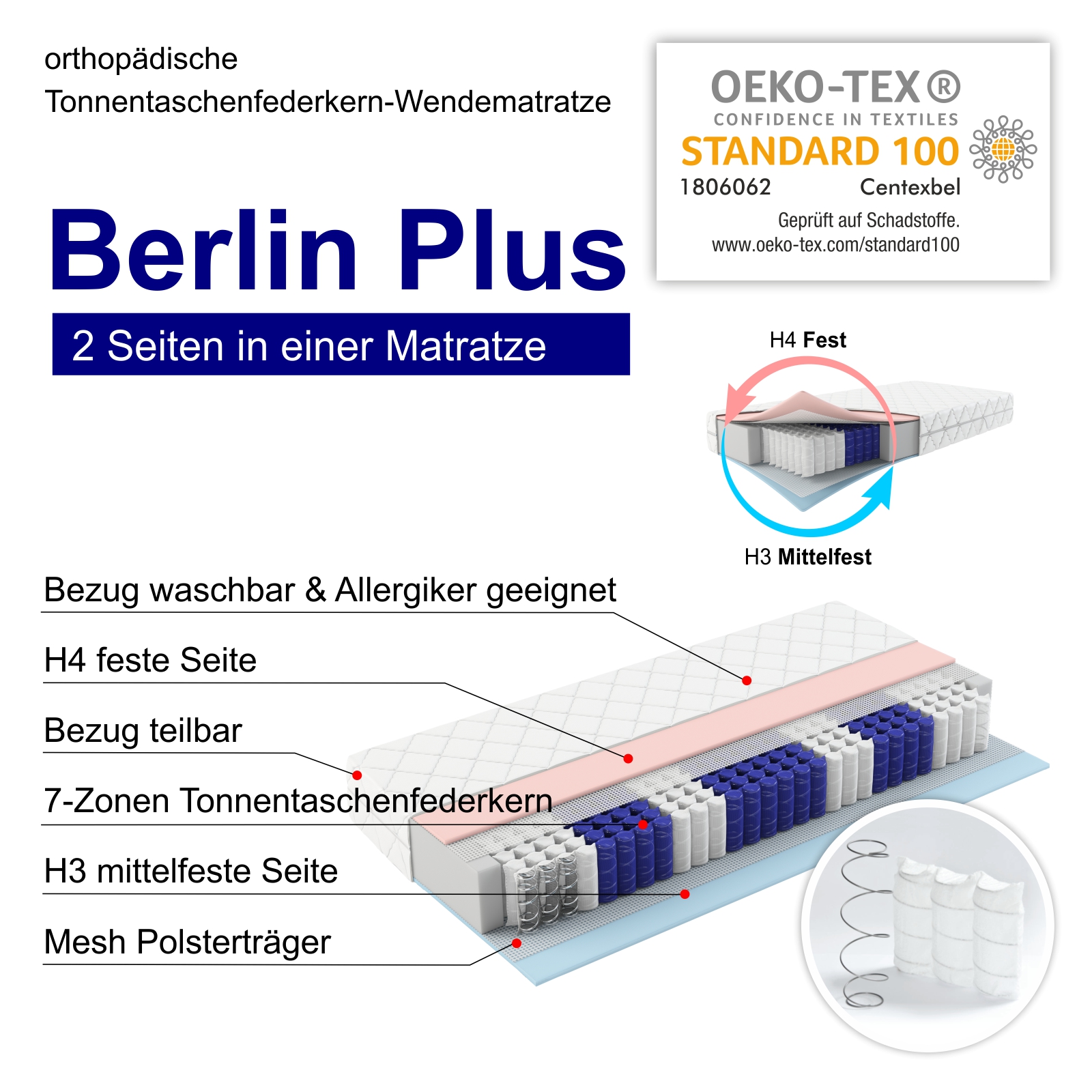 Taschenfederkernmatratze Berlin Plus, 100x200cm, Wendematratze mit 2 Härtegraden (H3/H4)